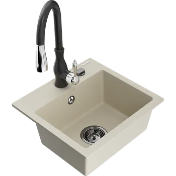 Granitový dřez Mexen Milo granitový dřez 1-komorový s kuchyňskou baterií Savita, béžový - 6505-69-672601-70 Granitové dřezy s baterií