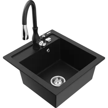 Granitový dřez Mexen Vito granitový dřez s 1 komorou a kuchyňskou baterií Savita, černý - 6503-77-672601-70 Granitové dřezy s baterií