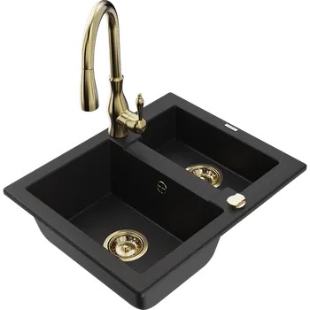 Granitový dřez Mexen Carlos granitový dřez 1,5-komorový s kuchyňskou baterií Savita, černý - 6518-77-672601-50 Granitové dřezy s baterií