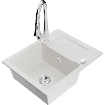 Granitový dřez Mexen Enzo granitový dřez 1-komorový s odkapávačem a kuchyňskou baterií Elia, bílý - 6506-20-670101-00 Granitové dřezy s baterií