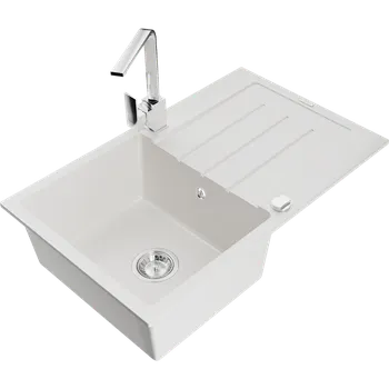 Granitový dřez Mexen Bruno granitový dřez 1-komorový s odkapávačem a kuchyňskou baterií Rita, bílý - 6513-20-670300-00 Granitové dřezy s baterií