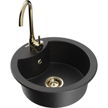 Granitový dřez Mexen Diego granitový dřez 1-komorový s kuchyňskou baterií Telma, černý/stříbrný - 6512-73-670200-50 Granitové dřezy s baterií