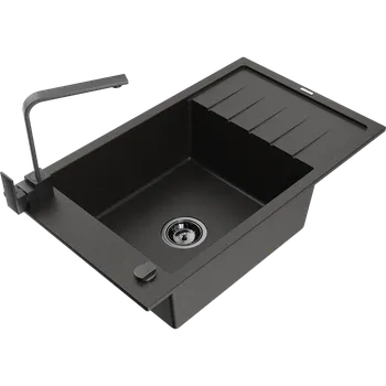 Granitový dřez Mexen Elias granitový dřez 1komorový s odkapávačem a kuchyňskou baterií Rita, černý/zlatý metalik - 6511-75-670300-70-B Granitové dřezy s baterií