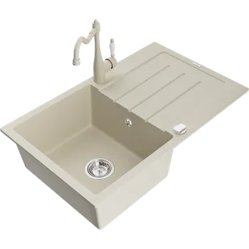 Granitový dřez Mexen Bruno granitový dřez 1-komorový s odkapávačem a kuchyňskou baterií Carla, béžový - 6513-69-670700-69 Granitové dřezy s baterií