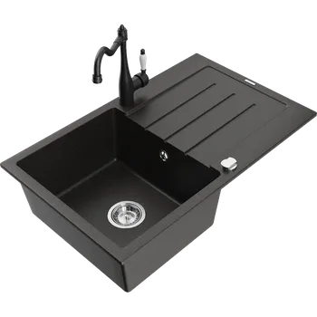 Granitový dřez Mexen Bruno žulový dřez, 1-komorový s odkapávačem a kuchyňskou baterií Carla, černý/zlatý metalik - 6513-75-670700-70 Granitové dřezy s baterií