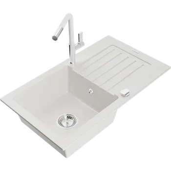 Granitový dřez Mexen Pablo granitový dřez s odkapávačem a kuchyňskou baterií Flora, bílý - 6510-20-670401-02 Granitové dřezy s baterií