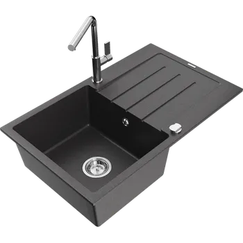 Granitový dřez Mexen Bruno granitový dřez 1-komorový s odkapávačem a kuchyňskou baterií Flora, černý tečkovaný - 6513-76-670401-00 Granitové dřezy s baterií