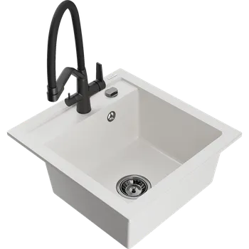 Granitový dřez Mexen Vito granitový dřez 1-komorový s kuchyňskou baterií Duo, bílý - 6503-20-671701-70-B Granitové dřezy s baterií