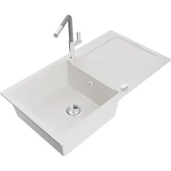 Granitový dřez Mexen Leo granitový dřez 1-komorový s odkapávačem a kuchyňskou baterií Flora, bílý - 6501-20-670401-06 Granitové dřezy s baterií