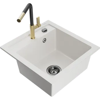 Granitový dřez Mexen Vito granitový dřez 1-komorový s kuchyňskou baterií Flora, bílý - 6503-20-670401-57-B Granitové dřezy s baterií