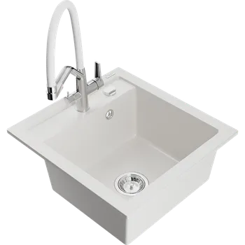 Granitový dřez Mexen Vito granitový dřez s 1 komorou a kuchyňskou baterií Duo, bílý - 6503-20-671701-02 Granitové dřezy s baterií