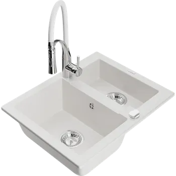 Granitový dřez Mexen Carlos granitový dřez 1,5-komorový s kuchyňskou baterií Aster, bílý - 6518-20-73450-02 Granitové dřezy s baterií