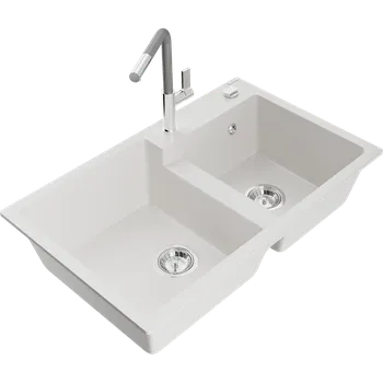 Granitový dřez Mexen Tomas kuchyňský dřez z granitu 2-komorový s kuchyňskou baterií Flora, bílý - 6516-20-670401-06 Granitové dřezy s baterií