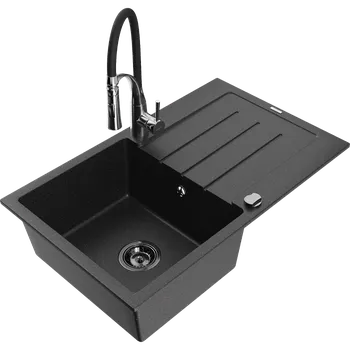 Granitový dřez Mexen Bruno granitový dřez 1-komorový s odkapávačem a kuchyňskou baterií Aster, černý/stříbrný metalík - 6513-73-73450-07-B Granitové dřezy s baterií