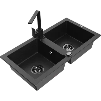 Granitový dřez Mexen Mario dvoukomorový žulový dřez s kuchyňskou baterií Rita, černý/stříbrný metalik - 6504-73-670300-70-B Granitové dřezy s baterií