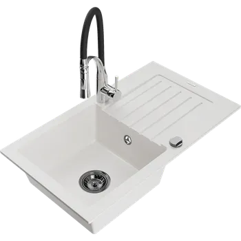 Granitový dřez Mexen Pablo granitový dřez jednokomorový s odkapávačem a kuchyňskou baterií Aster, bílý - 6510-20-73450-07-B Granitové dřezy s baterií