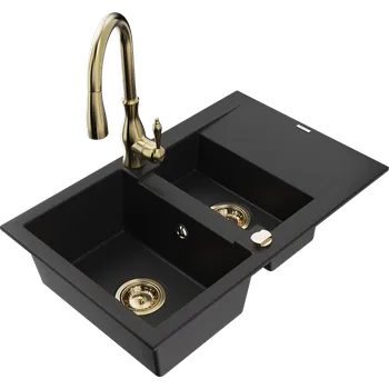 Granitový dřez Mexen Gaspar granitový dřez 1,5komorový s odkapávačem a kuchyňskou baterií Savita, černý - 6507-77-672601-50 Granitové dřezy s baterií