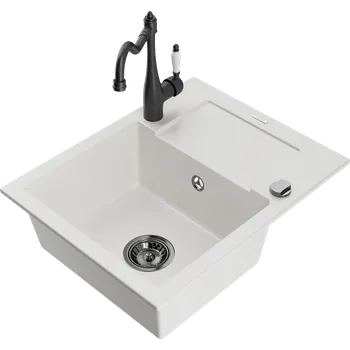 Granitový dřez Mexen Enzo granitový dřez s jednou komorou a odkapávačem a kuchyňskou baterií Carla, bílý - 6506-20-670700-70 Granitové dřezy s baterií