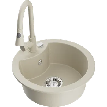 Granitový dřez Mexen Diego granitový dřez 1-komorový s kuchyňskou baterií Elia, béžový - 6512-69-670101-69 Granitové dřezy s baterií