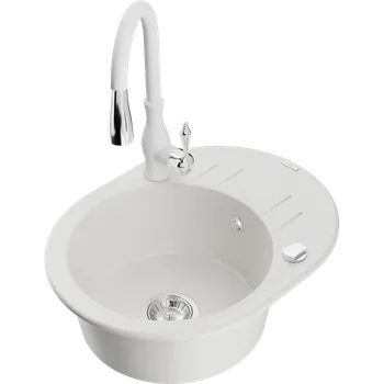 Granitový dřez Mexen Kevin granitový dřez 1-komorový s odkapávačem a kuchyňskou baterií Savita, bílý - 6517-20-672601-20 Granitové dřezy s baterií