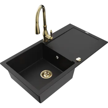 Granitový dřez Mexen Leo granitový dřez 1-komorový s odkapávačem a kuchyňskou baterií Savita, černý - 6501-77-672601-50 Granitové dřezy s baterií