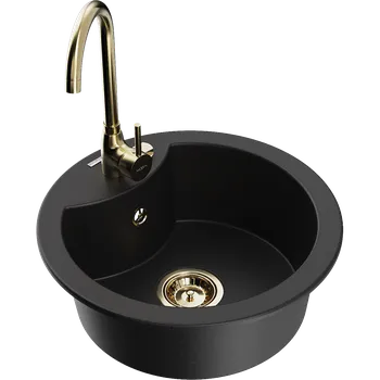 Granitový dřez Mexen Diego granitový dřez 1-komorový s kuchyňskou baterií Telma, černý - 6512-77-670200-50 Granitové dřezy s baterií