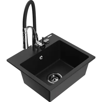 Granitový dřez Mexen Milo granitový dřez 1-komorový s kuchyňskou baterií Aster, černá - 6505-77-73450-07-B Granitové dřezy s baterií