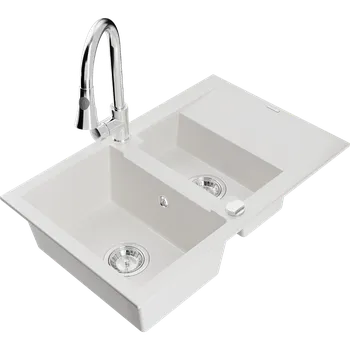 Granitový dřez Mexen Gaspar granitový dřez 1,5 komorový s odkapávačem a kuchyňskou baterií Elia, bílý - 6507-20-670101-00 Granitové dřezy s baterií