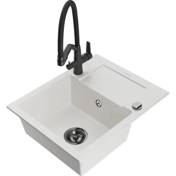 Granitový dřez Mexen Enzo granitový dřez s jednou komorou, s odkapávačem a kuchyňskou baterií Duo, bílý - 6506-20-671701-70-B Granitové dřezy s baterií