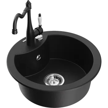 Granitový dřez Mexen Diego granitový dřez s 1 přihrádkou a kuchyňskou baterií Carla, černý - 6512-77-670700-70 Granitové dřezy s baterií