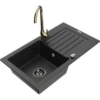 Granitový dřez Mexen Pablo žulový dřez 1-komorový s odkapávačem a kuchyňskou baterií Telma, černý/zlatý - 6510-75-670200-50-B Granitové dřezy s baterií
