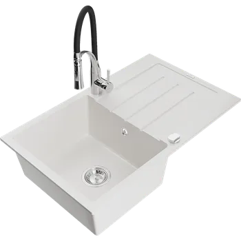 Granitový dřez Mexen Bruno granitový dřez s 1 komorou s odkapávačem a kuchyňskou baterií Aster, bílý - 6513-20-73450-07 Granitové dřezy s baterií