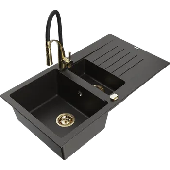 Granitový dřez Mexen Matias granitový dřez 1,5-komorový s odkapávačem a kuchyňskou baterií Aster, černý/zlatý metalický - 6502-75-73450-57-G Granitové dřezy s baterií