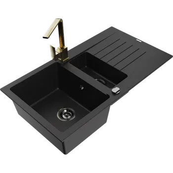 Mexen Matias granitový dřez 1,5-komorový s odkapávačem a kuchyňskou baterií Rita, černý - 6502-77-670300-50-B Granitové dřezy s baterií