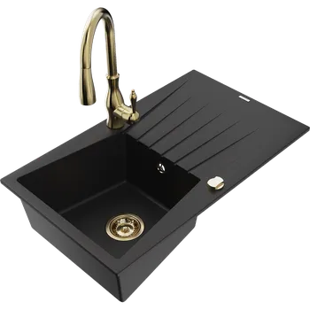 Granitový dřez Mexen Cesar granitový dřez s 1 komorou, odkapávačem a kuchyňská baterie Savita, černá - 6514-77-672601-50 Granitové dřezy s baterií