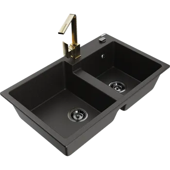 Granitový dřez Mexen Tomas granitový dřez 2-komorový s kuchyňskou baterií Rita, černý/zlatý metalik - 6516-75-670300-50-B Granitové dřezy s baterií