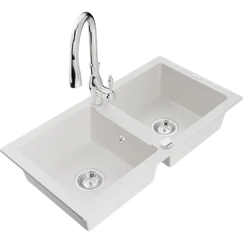 Granitový dřez Mexen Mario dvoukomorový granitový dřez s kuchyňskou baterií Savita, bílý - 6504-20-672601-00 Granitové dřezy s baterií