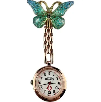 Hodinky Kovové bronzové připínací kapesní hodinky s motýlkem nejen pro zdravotní sestru - Zelený motýl