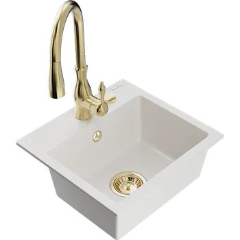 Granitový dřez Mexen Milo granitový dřez 1-komorový s kuchyňskou baterií Savita, bílý - 6505-20-672601-50 Granitové dřezy s baterií