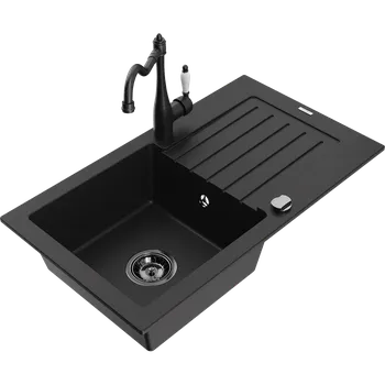 Granitový dřez Mexen Pablo granitový kuchyňský dřez 1-komorový s odkapávačem a kuchyňskou baterií Carla, černý - 6510-77-670700-70-B Granitové dřezy s baterií