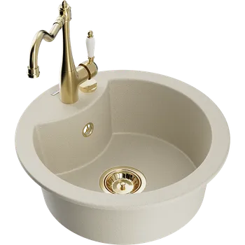 Granitový dřez Mexen Diego granitový kuchyňský dřez 1-komorový s kuchyňskou baterií Carla, béžový - 6512-69-670700-50 Granitové dřezy s baterií