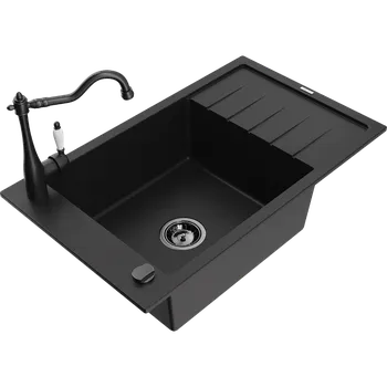 Granitový dřez Mexen Elias jednovaničkový žulový dřez s odkapávačem a kuchyňskou baterií Carla, černý - 6511-77-670700-70-B Granitové dřezy s baterií