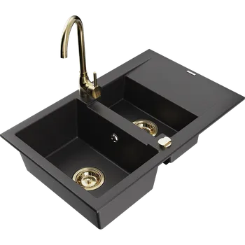 Granitový dřez Mexen Gaspar granitový dřez 1,5-komorový s odkapávačem a kuchyňskou baterií Telma, černý - 6507-77-670200-50 Granitové dřezy s baterií