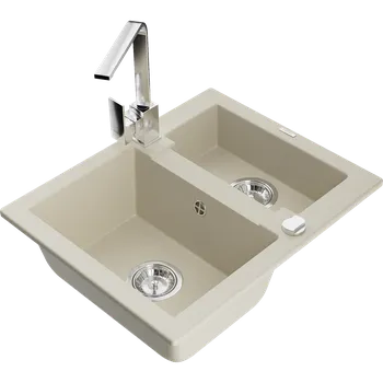 Granitový dřez Mexen Carlos granitový dřez 1,5-komorový s kuchyňskou baterií Rita, béžový - 6518-69-670300-00 Granitové dřezy s baterií