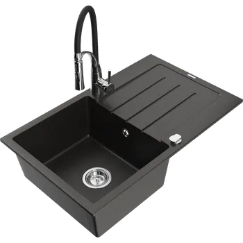 Granitový dřez Mexen Bruno granitový dřez 1-komorový s odkapávačem a kuchyňskou baterií Aster, černý/zlatý metalik - 6513-75-73450-07 Granitové dřezy s baterií