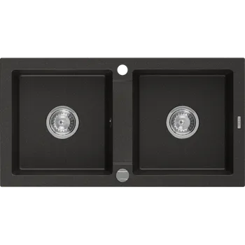 Granitový dřez Mexen Mario dvoukomorový kuchyňský dřez 820 x 436 mm, černý/zlatý metalík, sifon chrom - 6504822000-75 Granitové dřezy