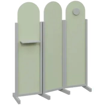 Paraván ATMOSFERE ROUND 216, dřevěný 3-dílný paraván, mobilní, výška 1600 mm, rám šedá, výplň šedo-zelinkavá, polička, věšák