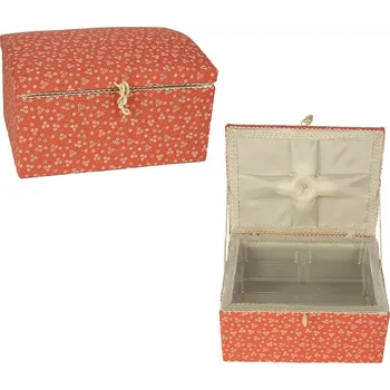 Úložný box Textilní kazeta na šicí potřeby - bílé kytičky na lososovém podkladu - rozměry 20 cm x 15 cm x 11 cm