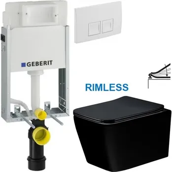Klozet GEBERIT KOMBIFIXBasic vč. bílého tlačítka DELTA 50 + WC MEXEN TEO ČERNÁ Rimless + SEDÁTKO 110.100.00.1 50BI ME02