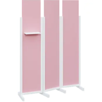 Paraván ATMOSFERE LINE 319, dřevěný 3-dílný paraván, mobilní, výška 1900 mm, rám bílá, výplň pastelově růžová, polička